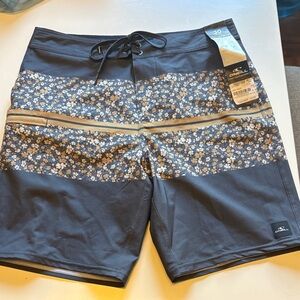 O'Neill Dark Charcoal Floral Board Shorts with Tan Stripe